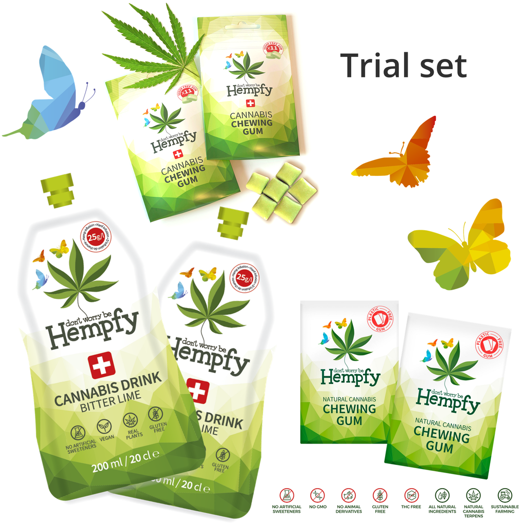Hempfy products, trial set 4 gums and 2 drinks